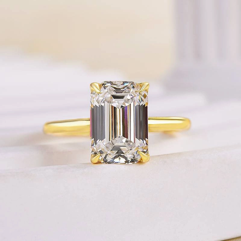 Louily Classic Yellow Gold Emerald Cut Solitaire Engagement Ring Elegant Touch Fresh Pair