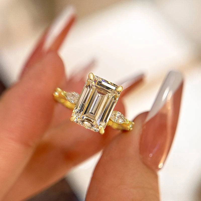 Fashion Must Louily Classic Yellow Gold Emerald Cut Three Stone Engagement Ring In Sterling Silver