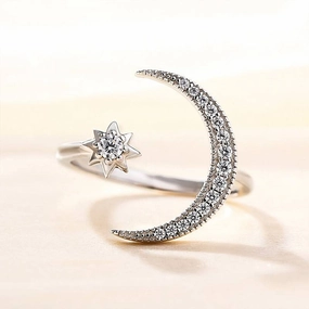 Louily Crescent Moon & Star Adjustable Open Ring In Sterling Silver Polished Accent Delicate Spark