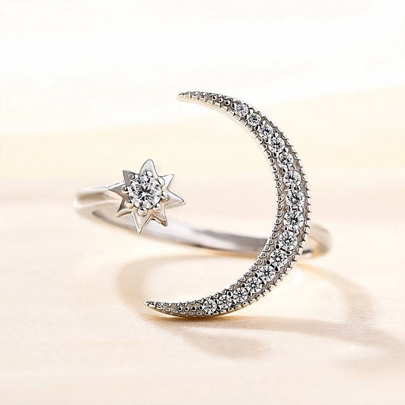 Louily Crescent Moon & Star Adjustable Open Ring In Sterling Silver Polished Accent Delicate Spark