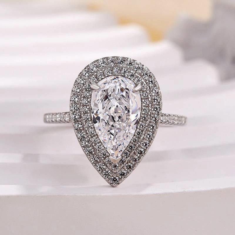 Subtle Charm Mixed Metals Louily Double Halo Pear Cut Engagement Ring In Sterling Silver