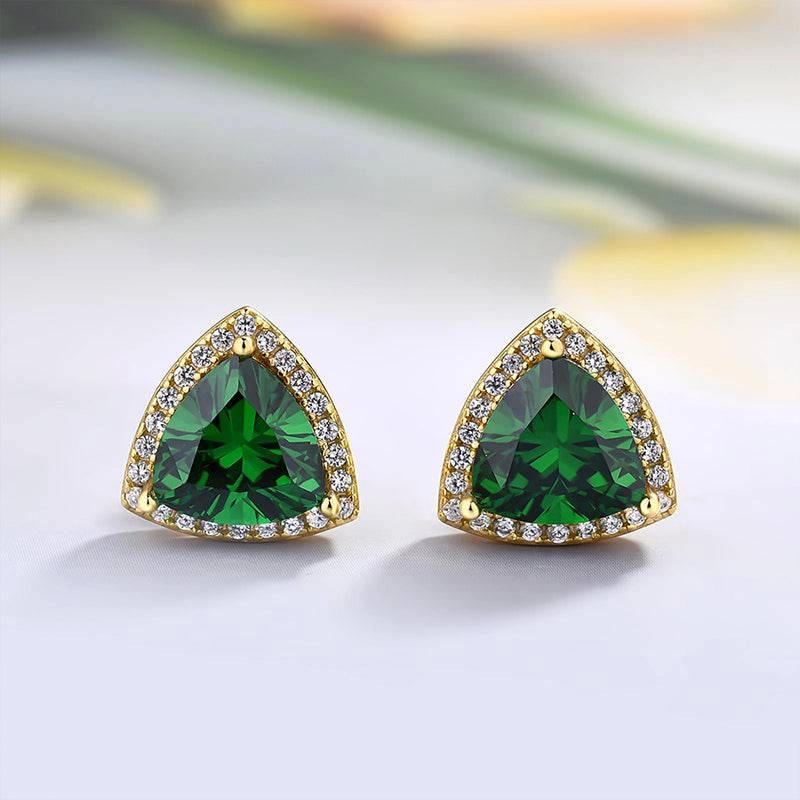 Shimmering Accent Glittering Sparkle Louily Elegant Yellow Gold Trillion Cut Emerald Green Earrings In Sterling Silver