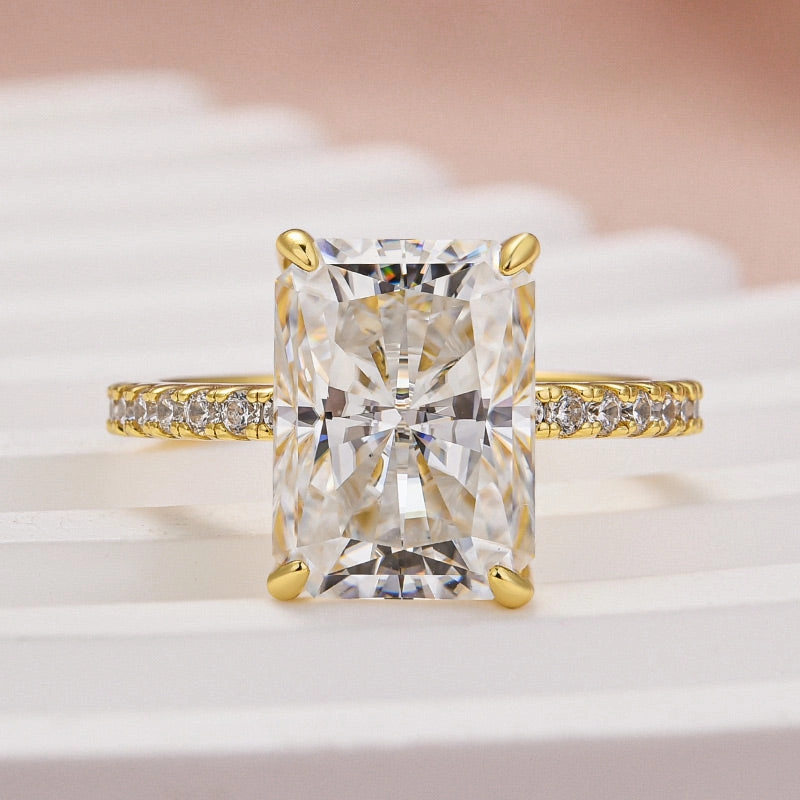 Effortless Accent Petite Glam Louily Enchanting Moissanite 4.5 Carat Yellow Gold Radiant Cut Engagement Ring