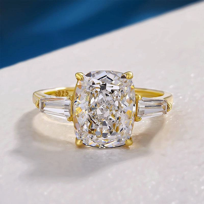 Louily Exquisite Yellow Gold Cushion Cut Three Stone Engagement Ring In Sterling Silver Handmade Statement Bold Design