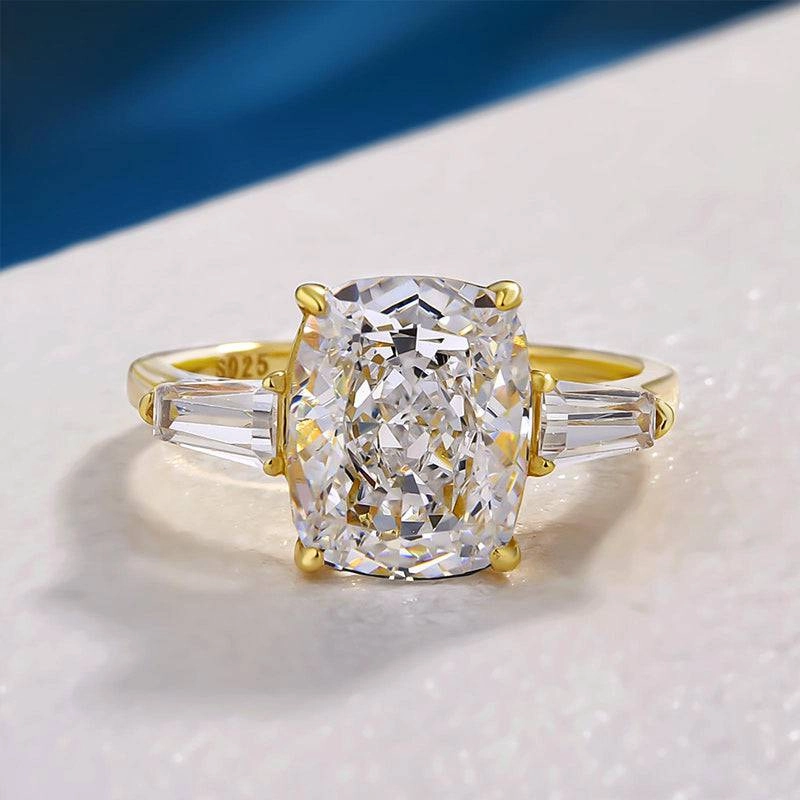 Soft Glow Louily Exquisite Yellow Gold Cushion Cut Three Stone Engagement Ring In Sterling Silver
