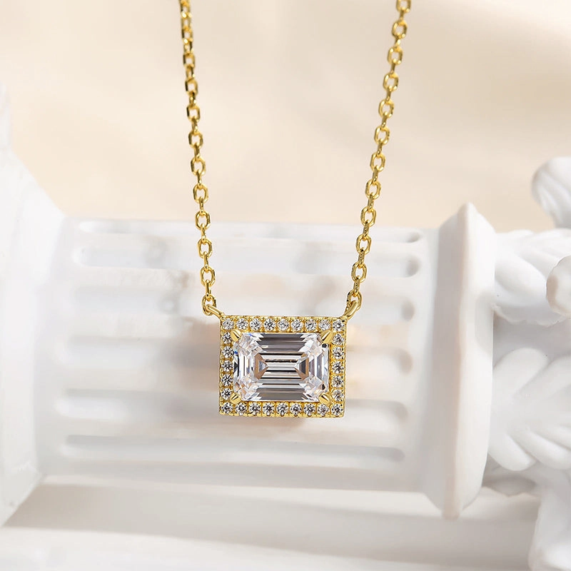 Louily Fashion Halo Design Emerald Cut Necklace In Sterling Silver Dainty Edge