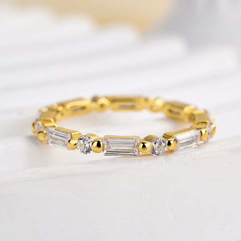 Glow Layer Chic Glance Louily Fashion Yellow Gold Emerald & Round Cut Diamond Wedding Band In Sterling Silver