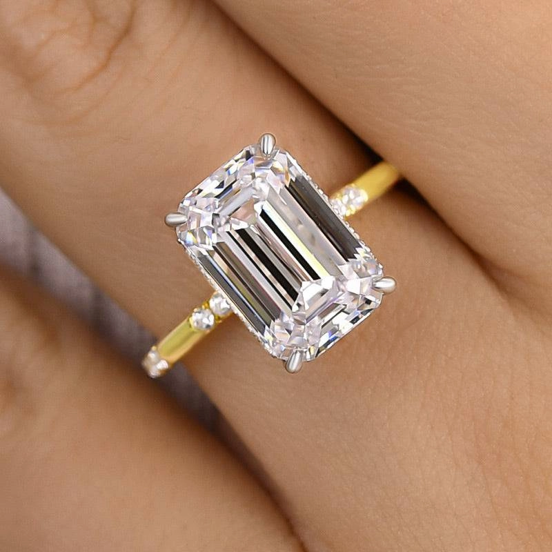 Louily Gorgeous Two-tone Emerald Cut Engagement Ring Delicate Flash