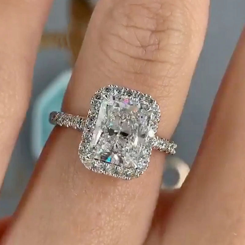 Louily Halo Radiant Cut White Sapphire Simulated Diamond Engagement Ring Lifestyle Fit Luxury Feel