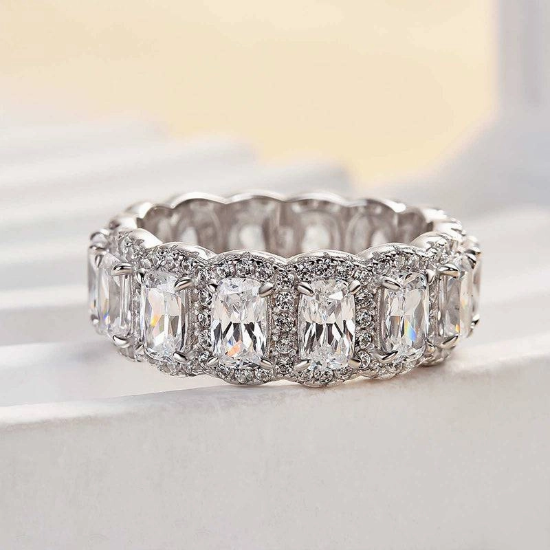 Louily Luxurious Halo Cushion Cut Wide Wedding Band For Women In Sterling Silver Everyday Gift Statement Highlight