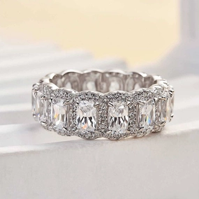 Louily Luxurious Halo Cushion Cut Wide Wedding Band For Women In Sterling Silver Breezy Look