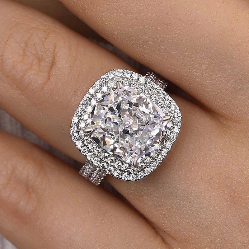 Louily Luxury Double Halo Three Shank Cushion Cut Engagement Ring Elegant Mood Sleek Radiance