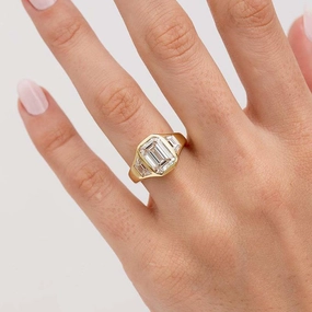 Louily Luxury Yellow Gold Three Stone Emerald Cut Bezel Engagement Ring Sleek Look Petite Edge