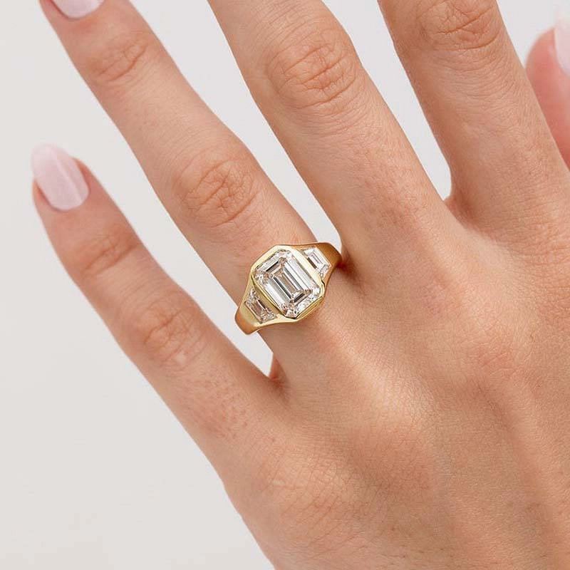 Louily Luxury Yellow Gold Three Stone Emerald Cut Bezel Engagement Ring Sleek Look Petite Edge
