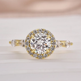 Louily Moissanite 1.0 Ct Halo Round Cut Yellow Gold Promise Ring Bright design Fashion Focus