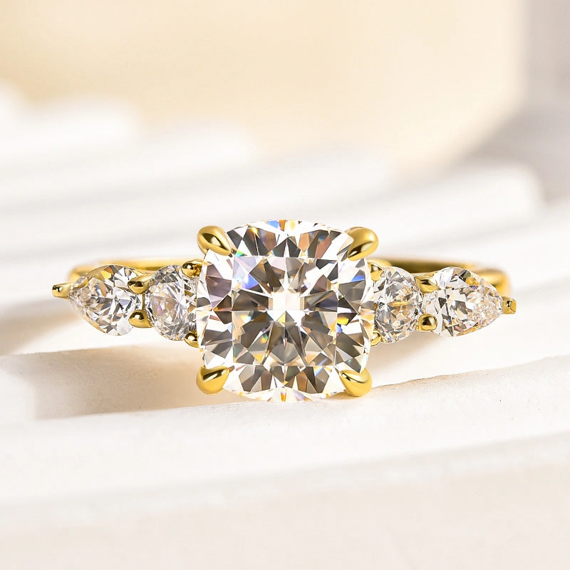 Louily Moissanite 2.0 Carat Cushion Cut Five Stone Engagement Ring Dazzling Accent Brilliant Touch