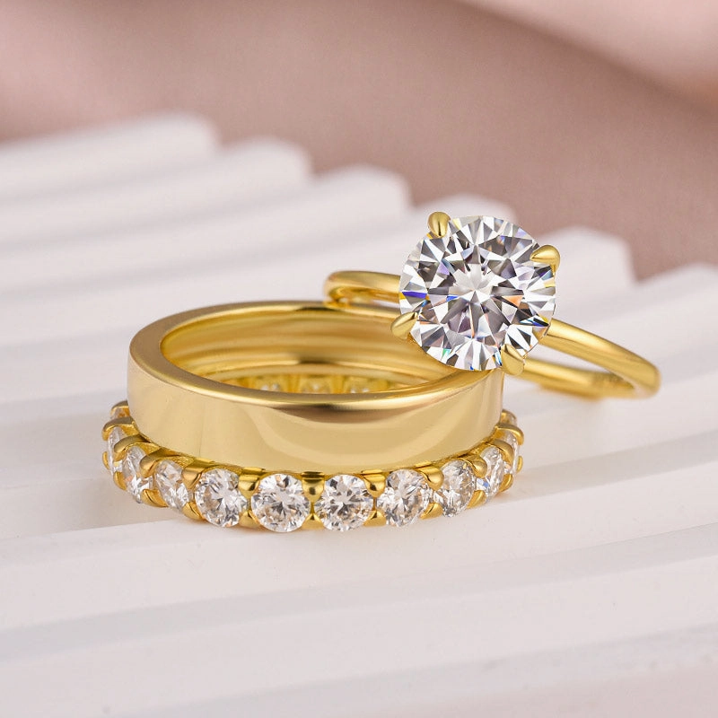 Glam Ready Louily Moissanite 3PC Round Cut Wedding Ring Set With Wide Wedding Band