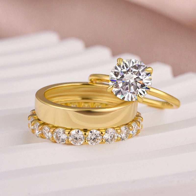 Luxury Pieces Louily Moissanite 3PC Round Cut Wedding Ring Set With Wide Wedding Band