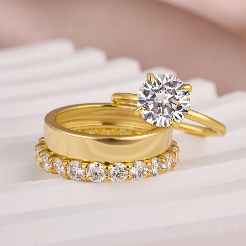 Stylish Design Louily Moissanite 3PC Round Cut Wedding Ring Set With Wide Wedding Band