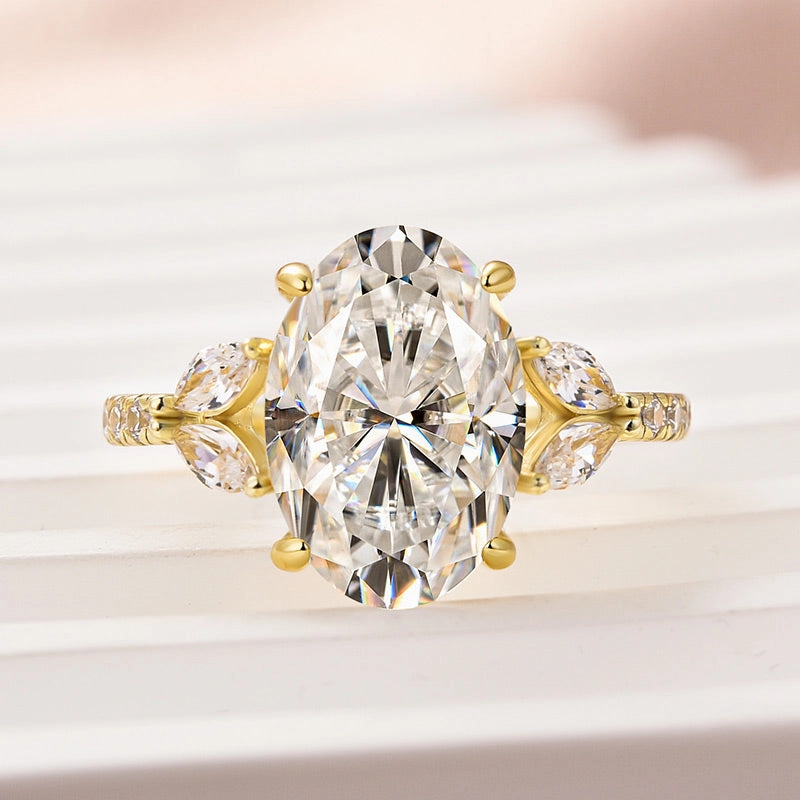 Glamour Detail Gleaming Craft Louily Moissanite 4.0 Ct Oval and Angled Marquise Five Stone Engagement Ring