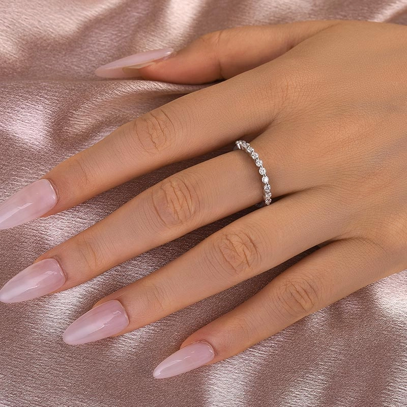 Louily Moissanite Round Cut Half Eternity Thin Women's Wedding Band Fresh Elements Effortless Match