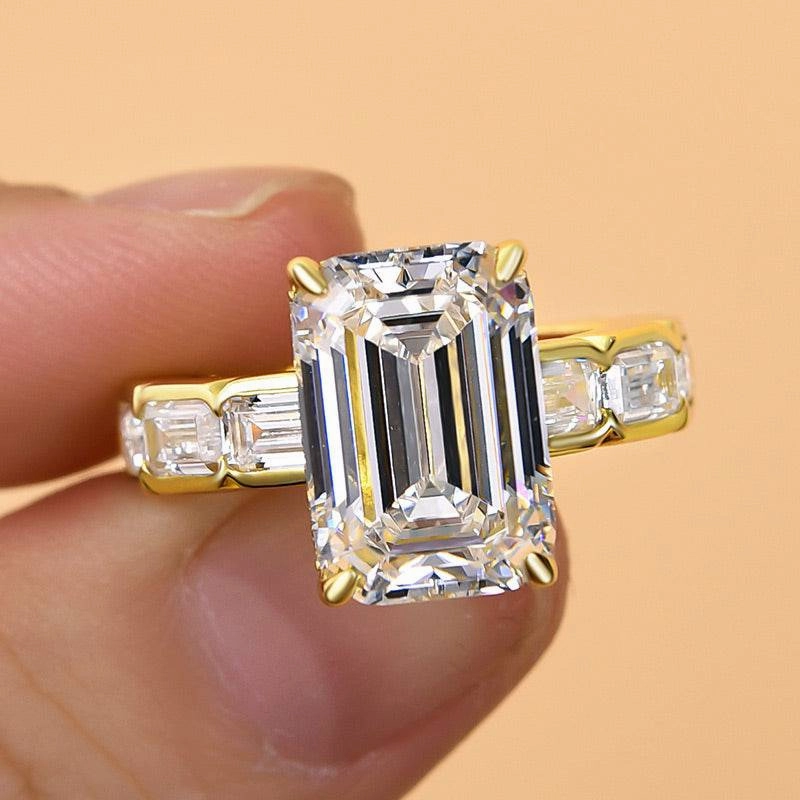 Handcrafted Form Louily Noble Yellow Gold Emerald Cut Engagement Ring In Sterling Silver