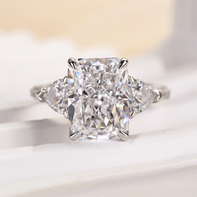 Louily Radiant Cut Three Stone Engagement Ring With Two Heart Cut Side Stones Impressive Craft Perfect Finish