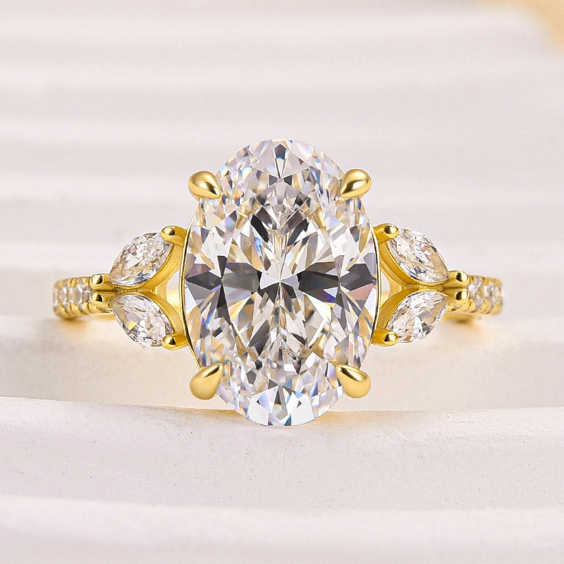 Louily Sparkle Five Stone Yellow Gold Oval Cut Engagement Ring In Sterling Silver Pure Accent Flawless Glam