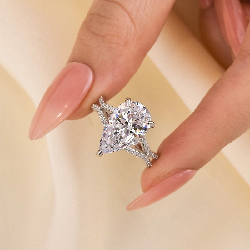 Louily Split Shank Unique Pear Cut Engagement Ring In Sterling Silver Sleek Charm