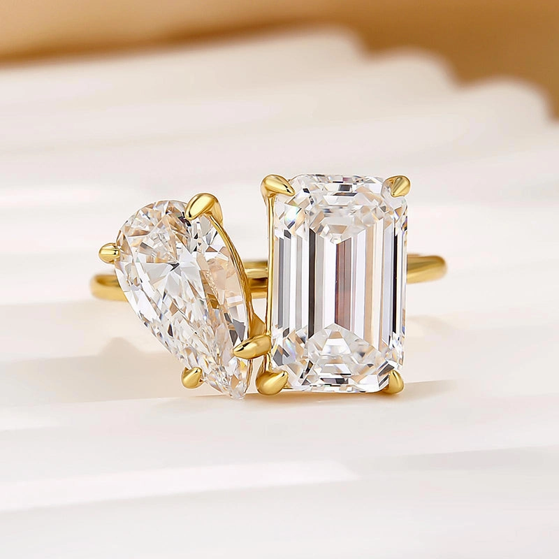 Bold Feature Artisan Made Louily Unique Double Stones Design Emerald Cut & Pear Cut Engagement Ring In Sterling Silver