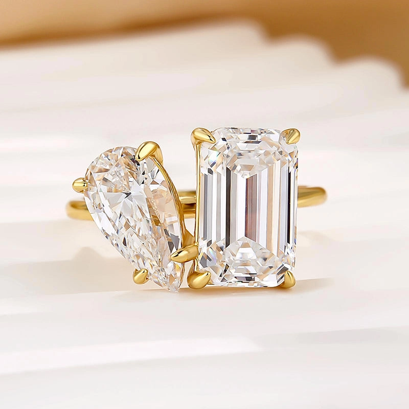 Louily Unique Double Stones Design Emerald Cut & Pear Cut Engagement Ring In Sterling Silver Crisp Sparkle Trend Focus