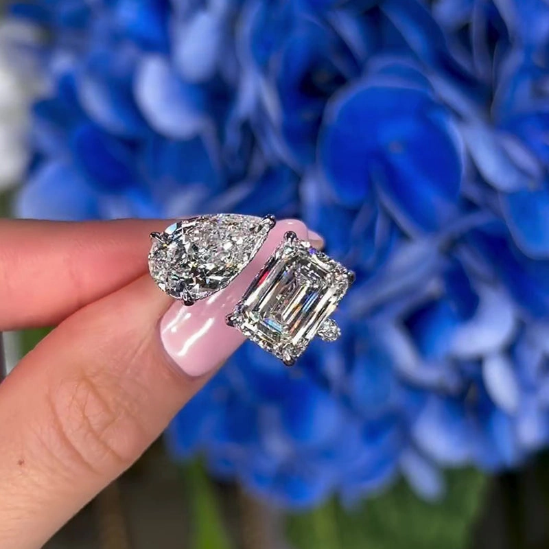 Louily Unique Double Stones Design Emerald Cut & Pear Cut Engagement Ring Statement Layer Modern Attire