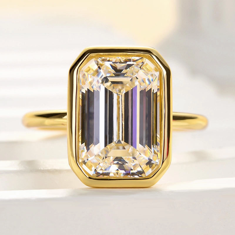 Exclusive Style Delicate Accent Louily Unique Yellow Gold Emerald Cut Bezel Engagement Ring In Sterling Silver