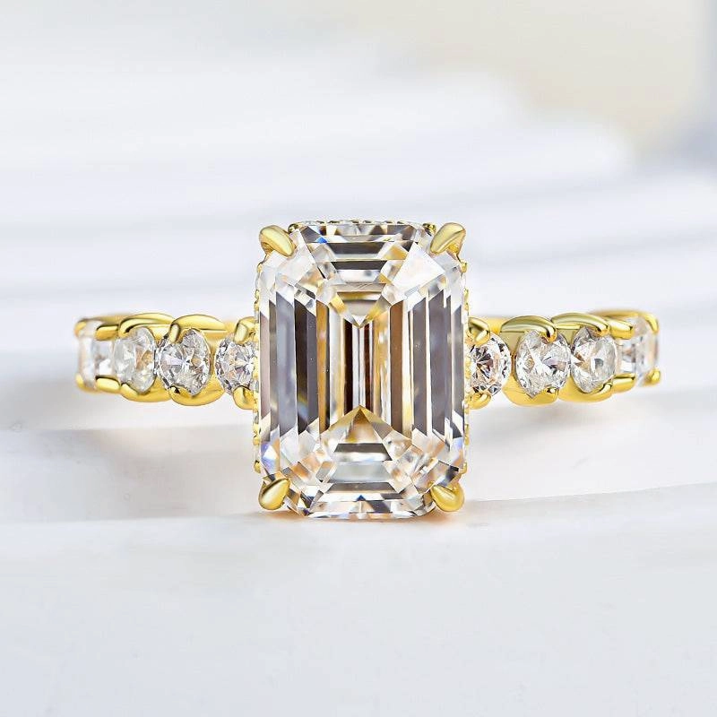 Louily Unique Yellow Gold Emerald Cut Engagement Ring Bold Craft Polished Layer