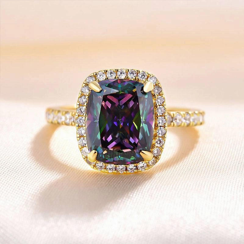 Louily Unique Yellow Gold Halo Cushion Cut Alexandrite Engagement Ring In Sterling Silver High Class Glam Choice