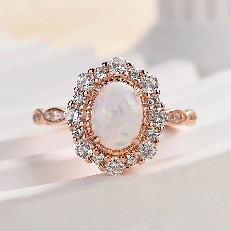 Louily Vintage Halo Oval Cut Opal Stone Engagement Ring Dainty Sparkle