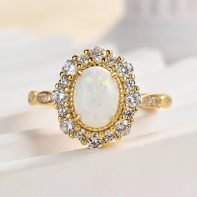 Natural Flow Artisan Made Louily Vintage Halo Oval Cut Opal Stone Engagement Ring