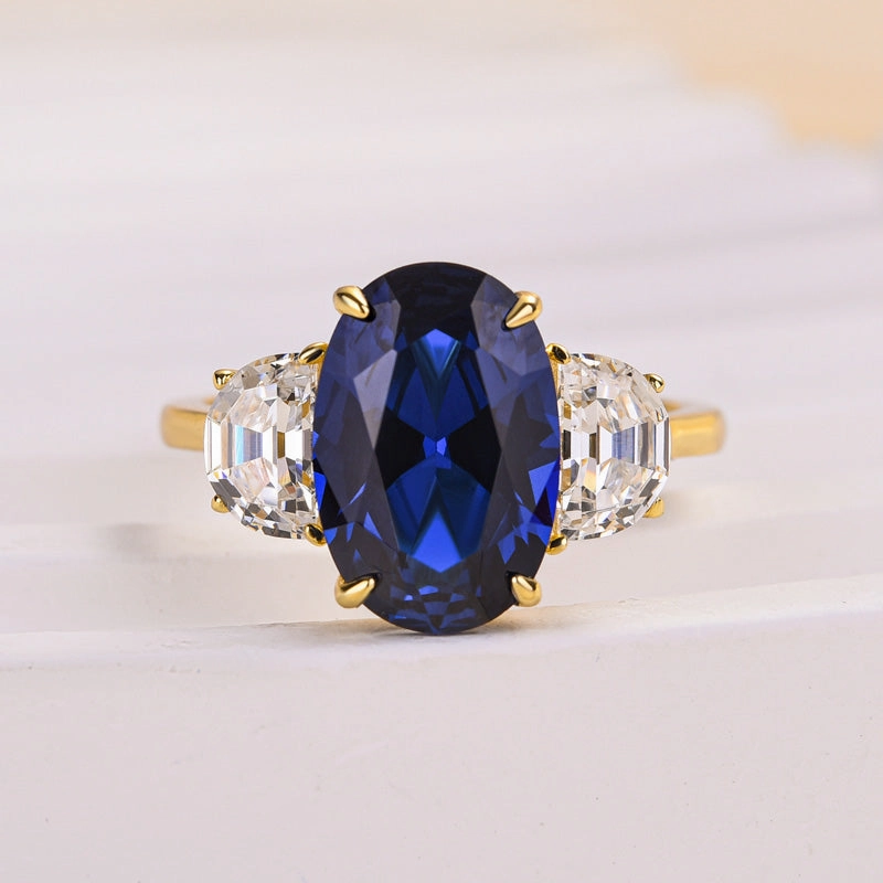 Wardrobe Staple Louily Yellow Gold 3.5 Carat Blue Sapphire Oval Cut Three Stone Engagement Ring In Sterling Silver