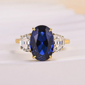 Wardrobe Staple Louily Yellow Gold 3.5 Carat Blue Sapphire Oval Cut Three Stone Engagement Ring In Sterling Silver