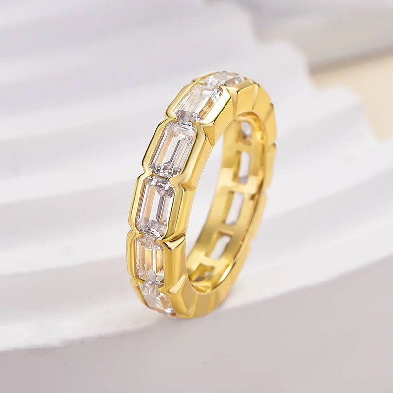 Louily Yellow Gold Bezel Emerald Cut Women's Wedding Band In Sterling Silver Occasion Ready