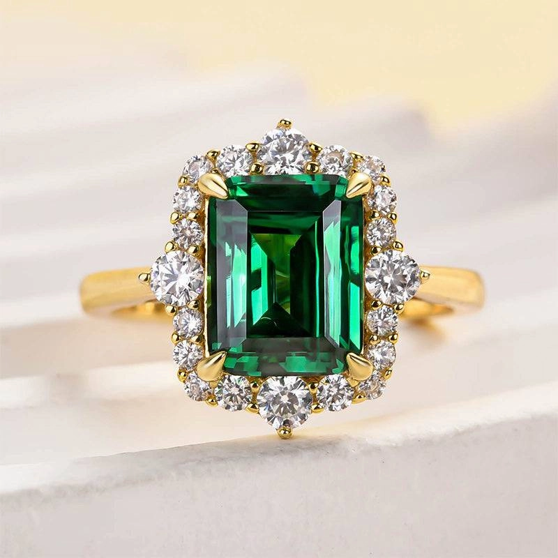 Stylish charm Louily Yellow Gold Halo Emerald Cut Engagement Ring In Sterling Silver