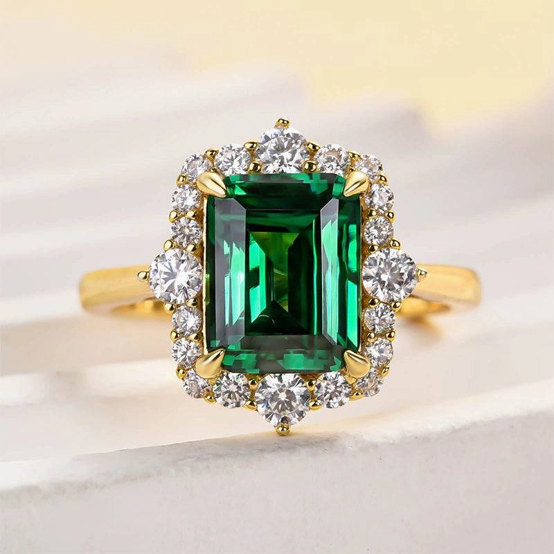 Louily Yellow Gold Halo Emerald Cut Engagement Ring In Sterling Silver Radiant Shine Look Sparkle Mood