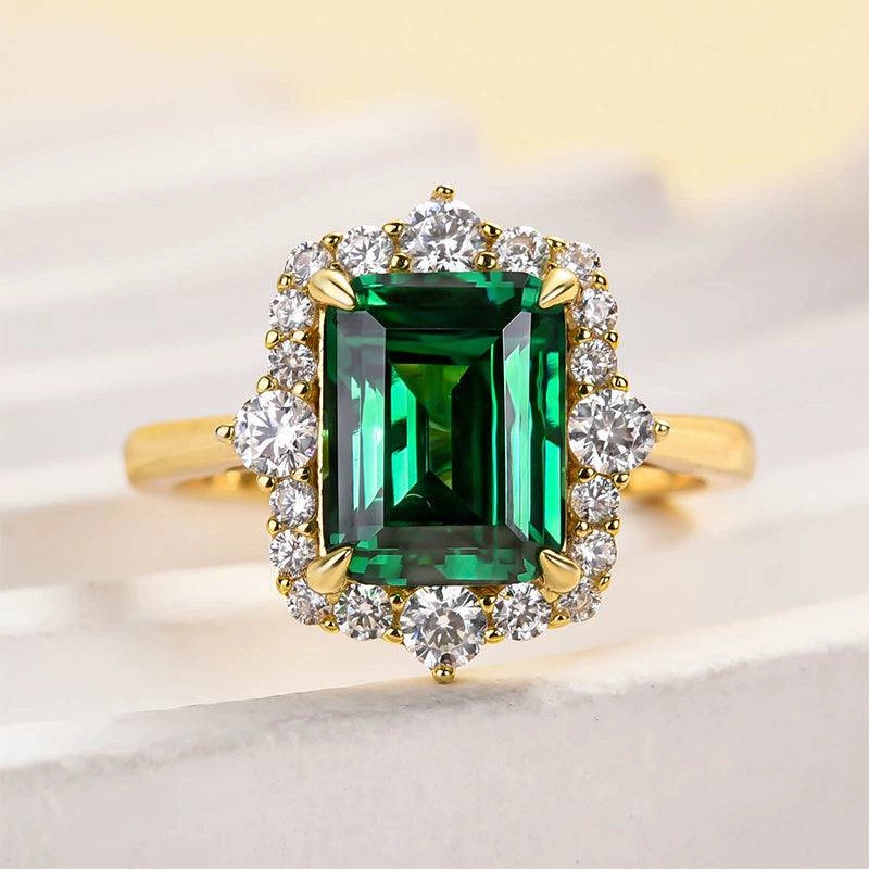 Photo Focus Fashion Spark Louily Yellow Gold Halo Emerald Cut Engagement Ring In Sterling Silver