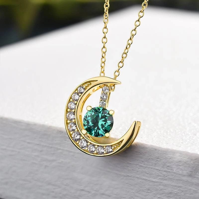 Luxury Accessory Louily Yellow Gold Moon Design Round Cut Paraiba Tourmaline Pendant Necklace In Sterling Silver