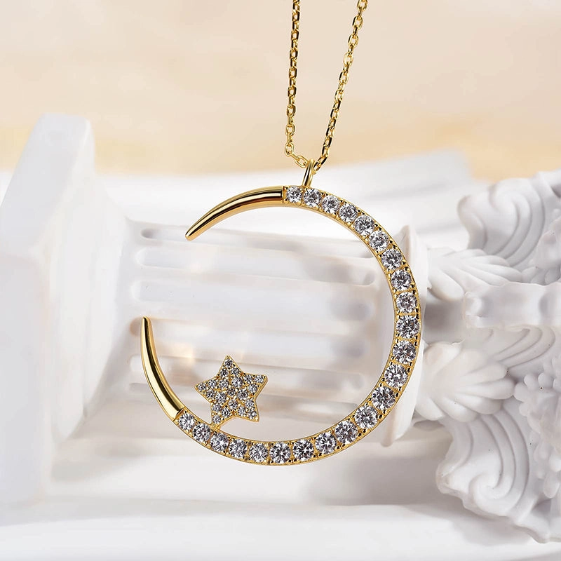 Subtle Glow Louily Yellow Gold Moon Design Round Cut Star Design Necklace In Sterling Silver