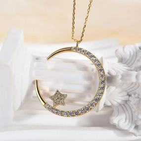 Subtle Glow Louily Yellow Gold Moon Design Round Cut Star Design Necklace In Sterling Silver