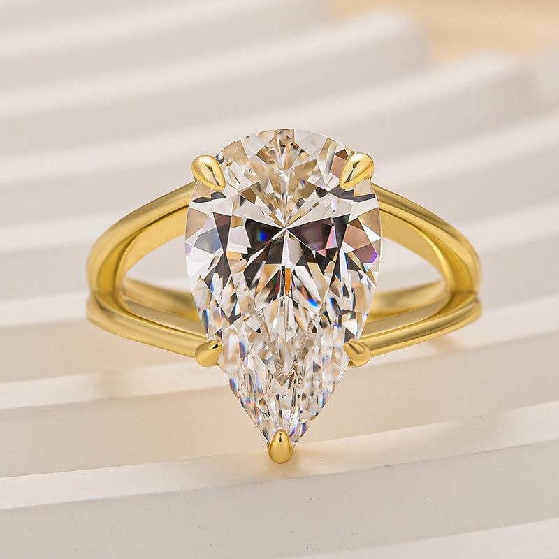 Louily Yellow Gold Split Shank Pear Cut Engagement Ring In Sterling Silver Romantic Glow Soft Materials