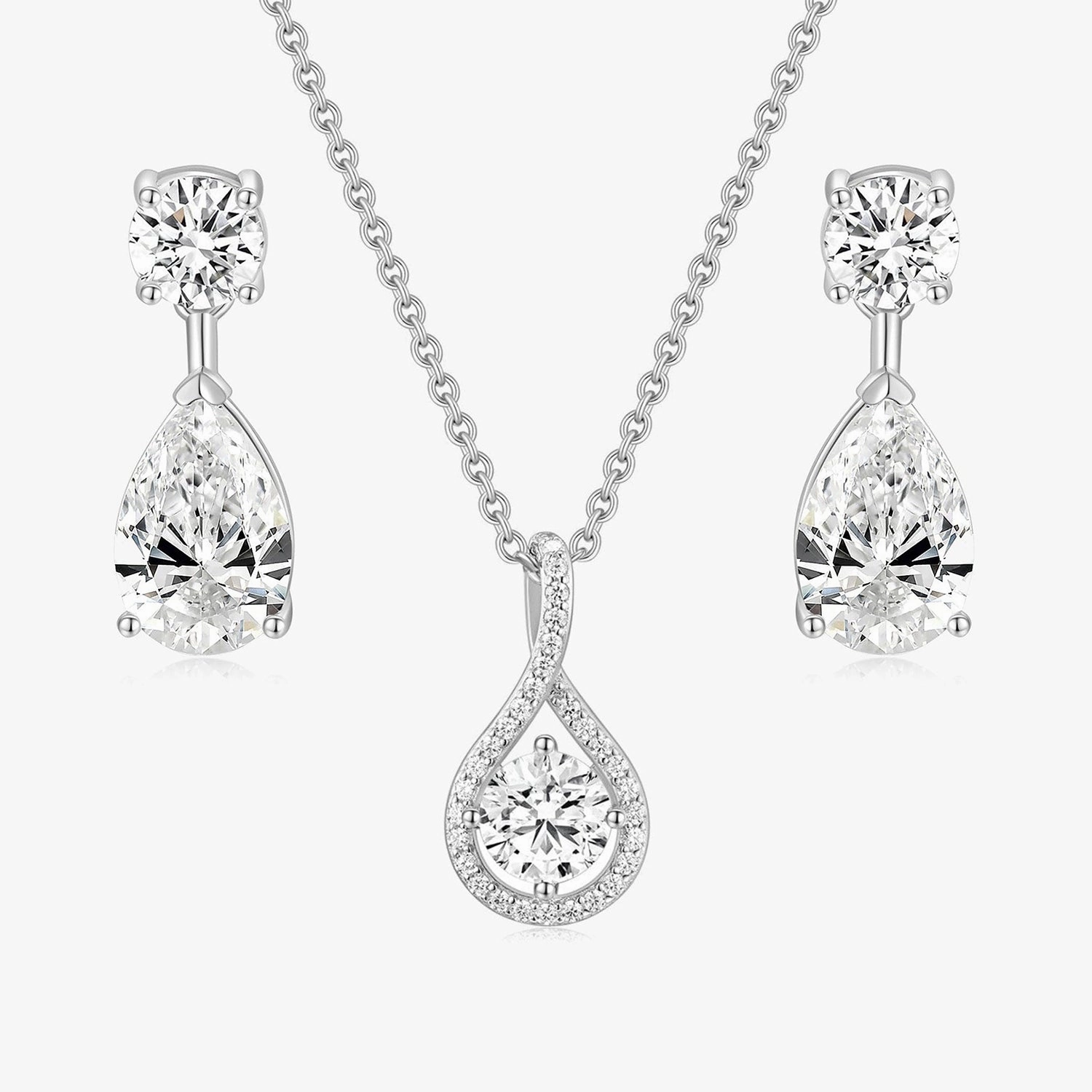 Dainty Form Teardrop CZ Necklace and Earrings Set in Sterling Silver