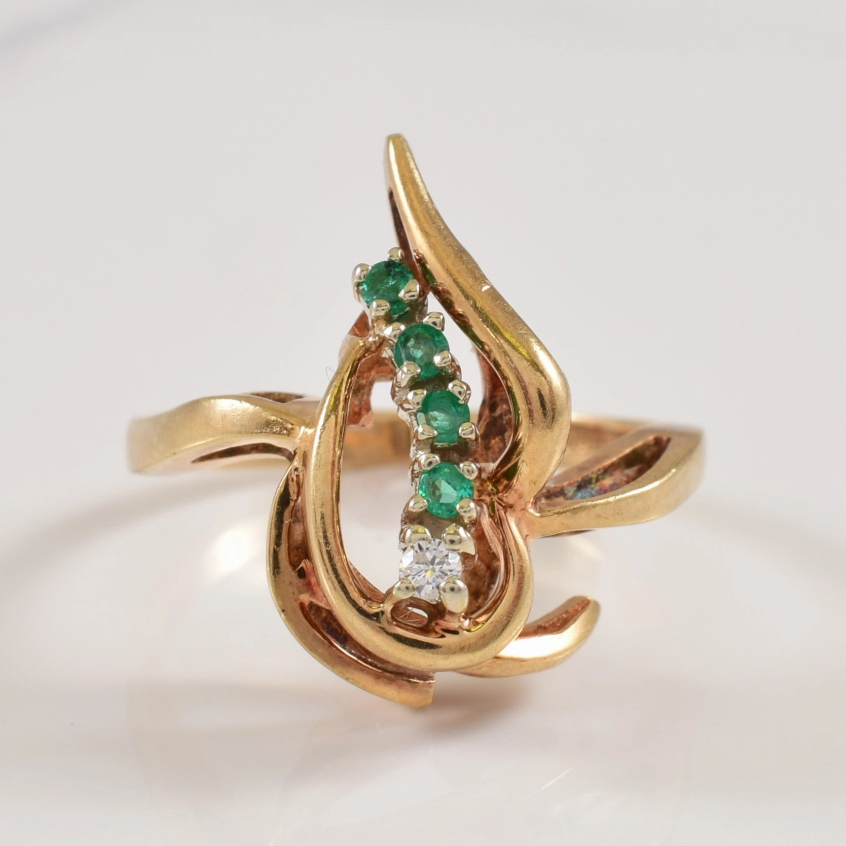 Emerald & Diamond Bypass Ring | 0.08ctw, 0.02ctw | SZ 7 | Polished Stones