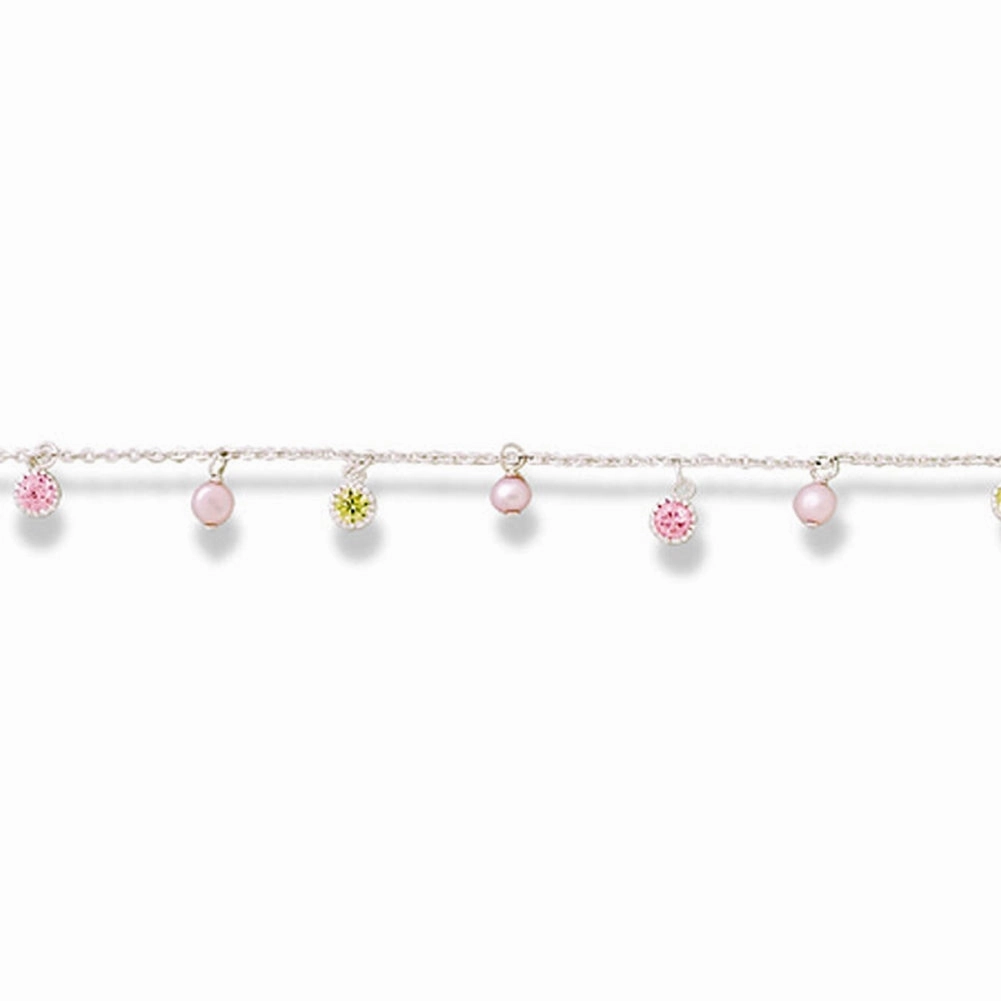 Pink and Green Cubic Zirconia CZ and Cultured Freshwater Pearl Charm Bracelet Sterling Silver Formal Highlight Minimal Detail